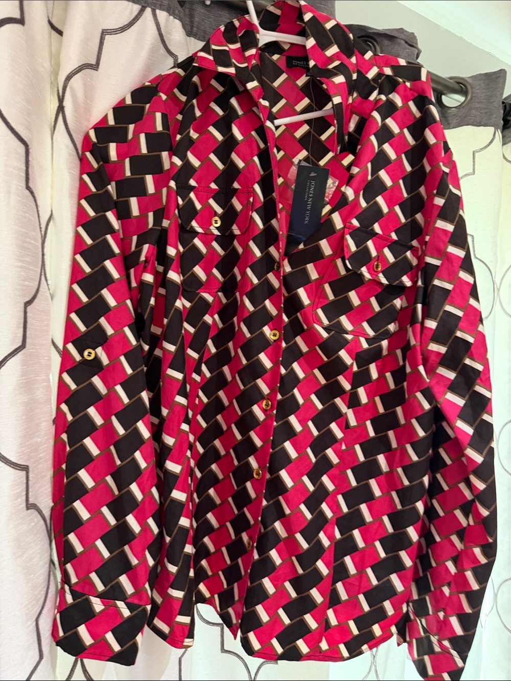 Jones New York Colorblock Geometric Shirt — Pink, Brown & Cream